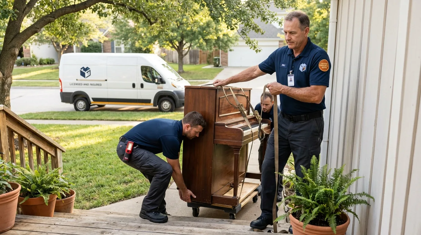 Licensed piano movers securing grand piano in Halls, TN