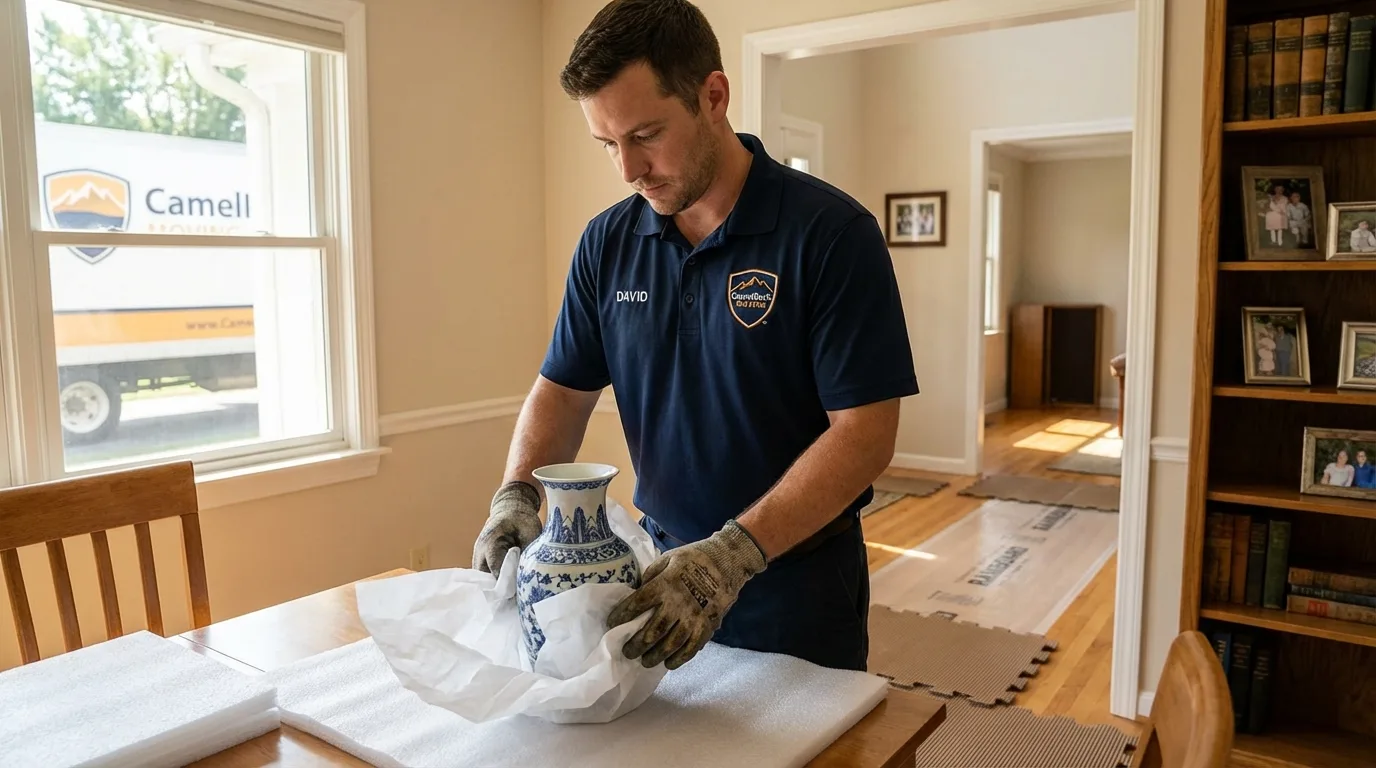 Professional crew carefully wrapping antique vase for senior downsizing move in Halls, TN